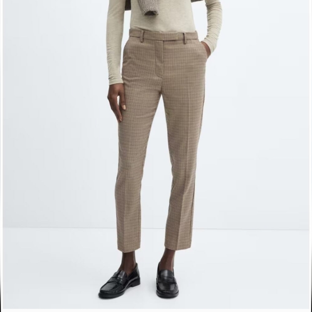 Mango MNG Women's Brown Tan Houndstooth Straight Leg Ankle Pants